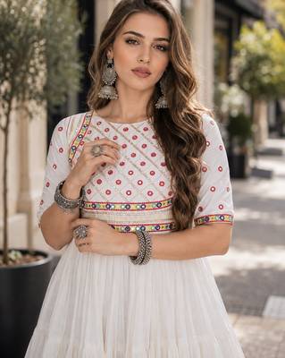 white cotton free size stitched navratri anarkali with multi thread  & gota patti work 4