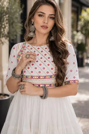 white cotton free size stitched navratri anarkali with multi thread  & gota patti work