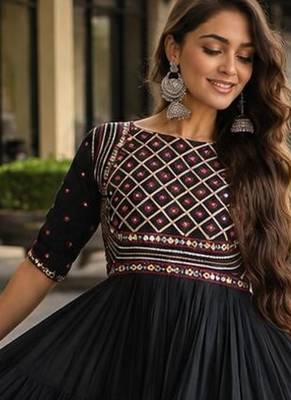 black cotton free size stitched navratri anarkali with multi thread  & gota patti work 2
