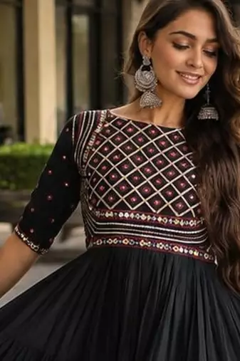 black cotton free size stitched navratri anarkali with multi thread  & gota patti work