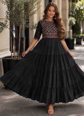 black cotton free size stitched navratri anarkali with multi thread  & gota patti work 1