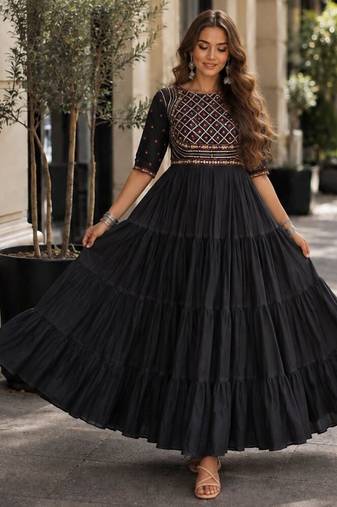 black cotton free size stitched navratri anarkali with multi thread  & gota patti work