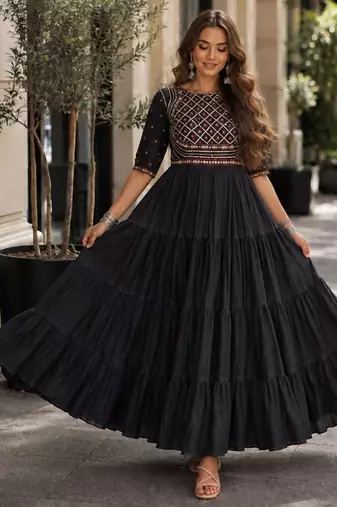 black cotton free size stitched navratri anarkali with multi thread  & gota patti work
