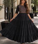 black cotton free size stitched navratri anarkali with multi thread  & gota patti work