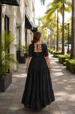 black cotton free size stitched navratri anarkali with multi thread  & gota patti work 3