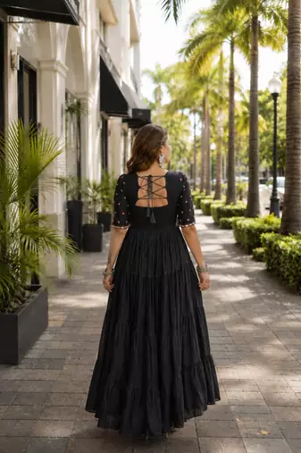 black cotton free size stitched navratri anarkali with multi thread  & gota patti work