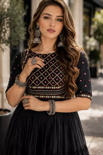 black cotton free size stitched navratri anarkali with multi thread  & gota patti work