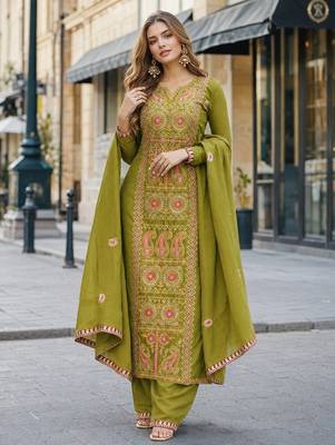 olive chinon readymade suit with zari & thread embroidered work  1