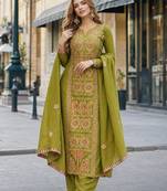 olive chinon readymade suit with zari & thread embroidered work 