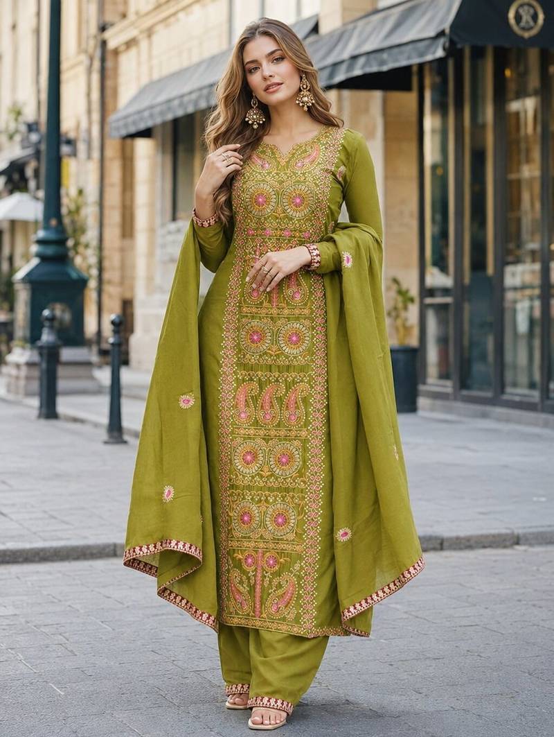 olive chinon readymade suit with zari & thread embroidered work 
