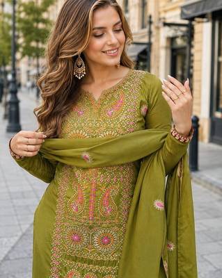 olive chinon readymade suit with zari & thread embroidered work  2