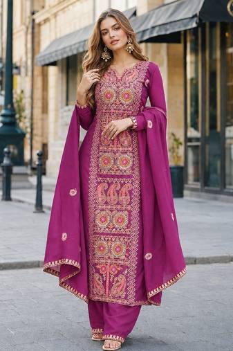 purple chinon readymade suit with zari & thread embroidered work 