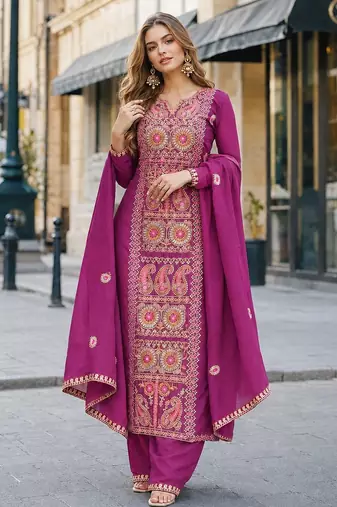 purple chinon readymade suit with zari & thread embroidered work 