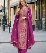 purple chinon readymade suit with zari & thread embroidered work 