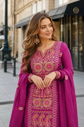 purple chinon readymade suit with zari & thread embroidered work 