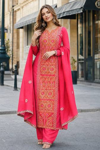 rani chinon readymade suit with zari & thread embroidered work 