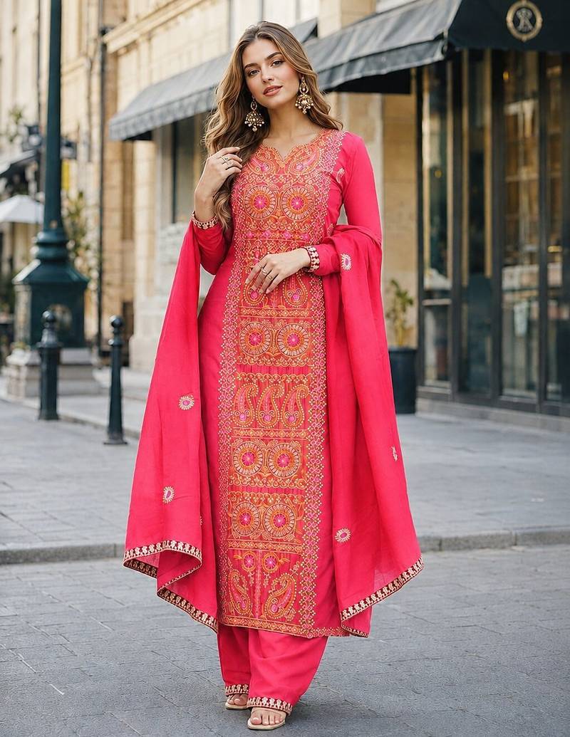 rani chinon readymade suit with zari & thread embroidered work 