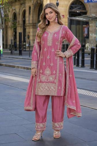 pink chinon readymade suit with zari & thread embroidered work 