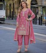 pink chinon readymade suit with zari & thread embroidered work 
