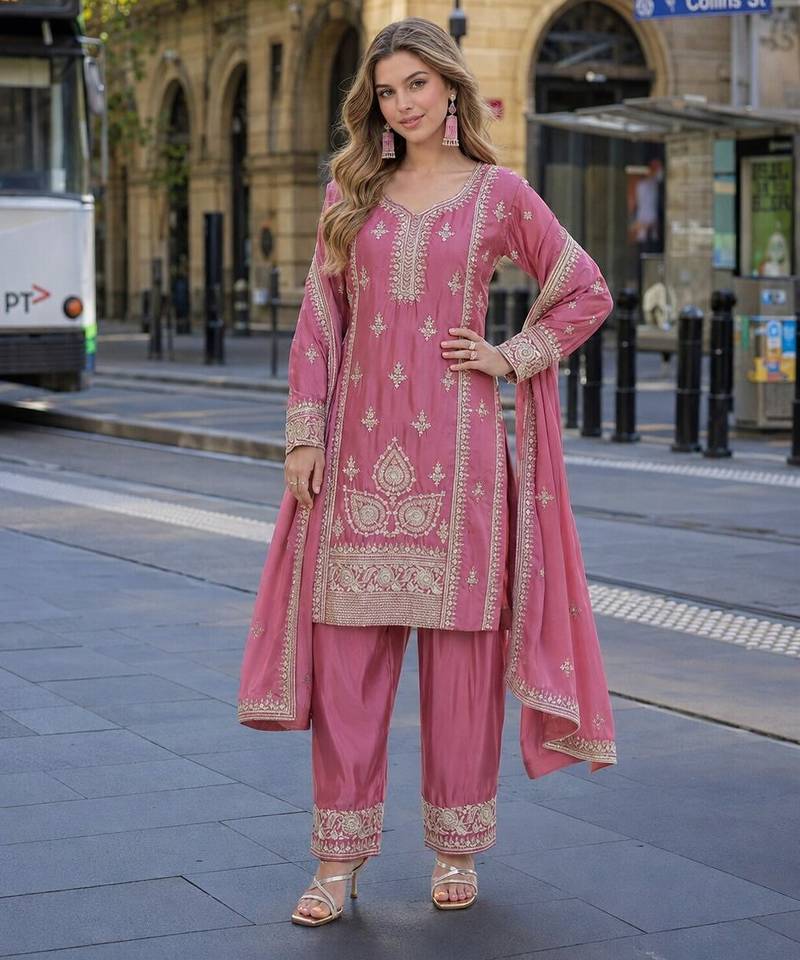 pink chinon readymade suit with zari & thread embroidered work 