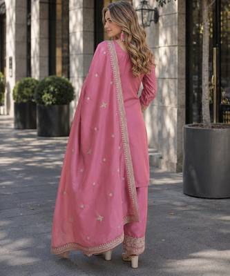 pink chinon readymade suit with zari & thread embroidered work  2