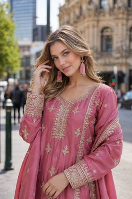 pink chinon readymade suit with zari & thread embroidered work  3