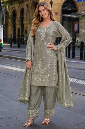 grey chinon readymade suit with zari & thread embroidered work 
