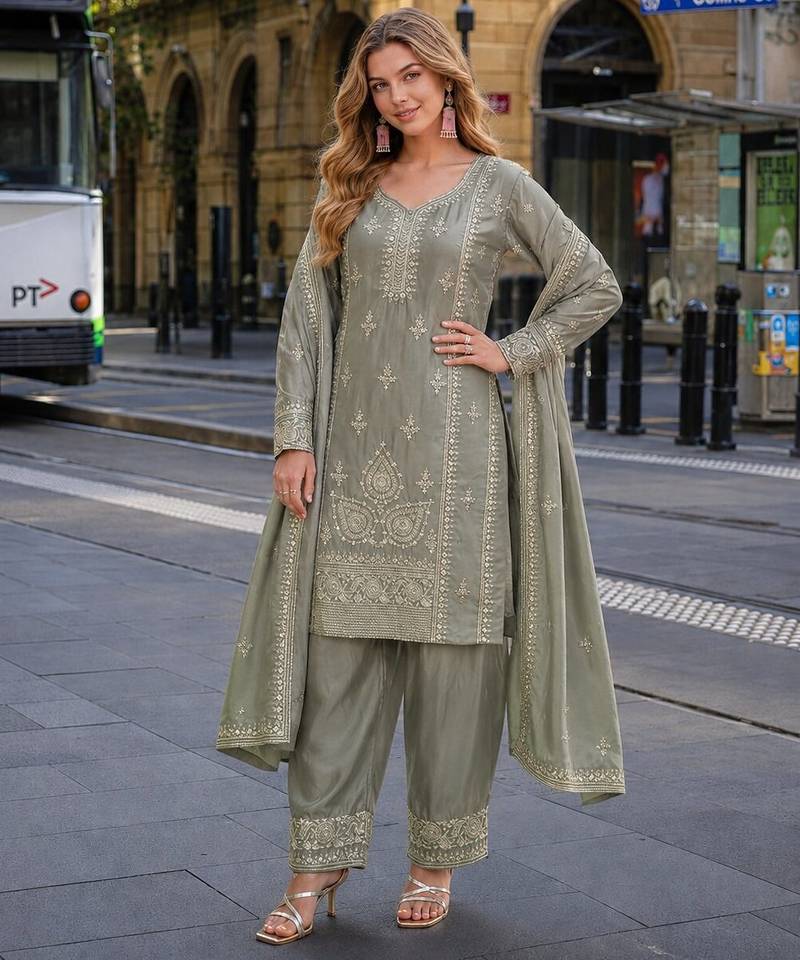 grey chinon readymade suit with zari & thread embroidered work 