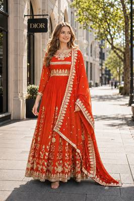 orange georgette readymade anarkali suit with embroidery & sequence work 1