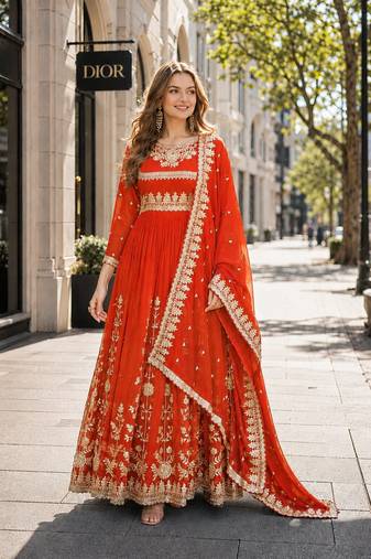 orange georgette readymade anarkali suit with embroidery & sequence work