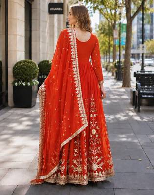 orange georgette readymade anarkali suit with embroidery & sequence work 2