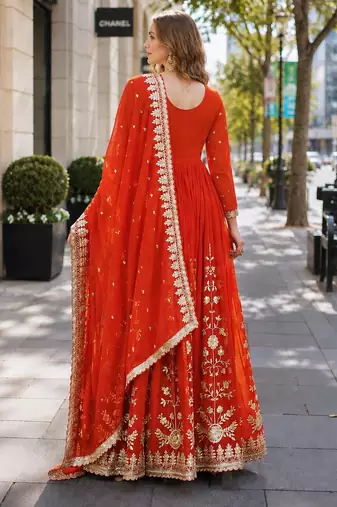 orange georgette readymade anarkali suit with embroidery & sequence work