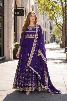 violet georgette readymade anarkali suit with embroidery & sequence work 1