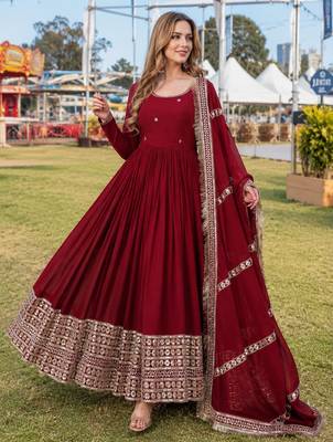 maroon georgette readymade anarkali suit with embroidery & sequence work 1