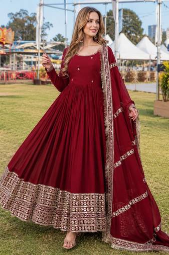 maroon georgette readymade anarkali suit with embroidery & sequence work