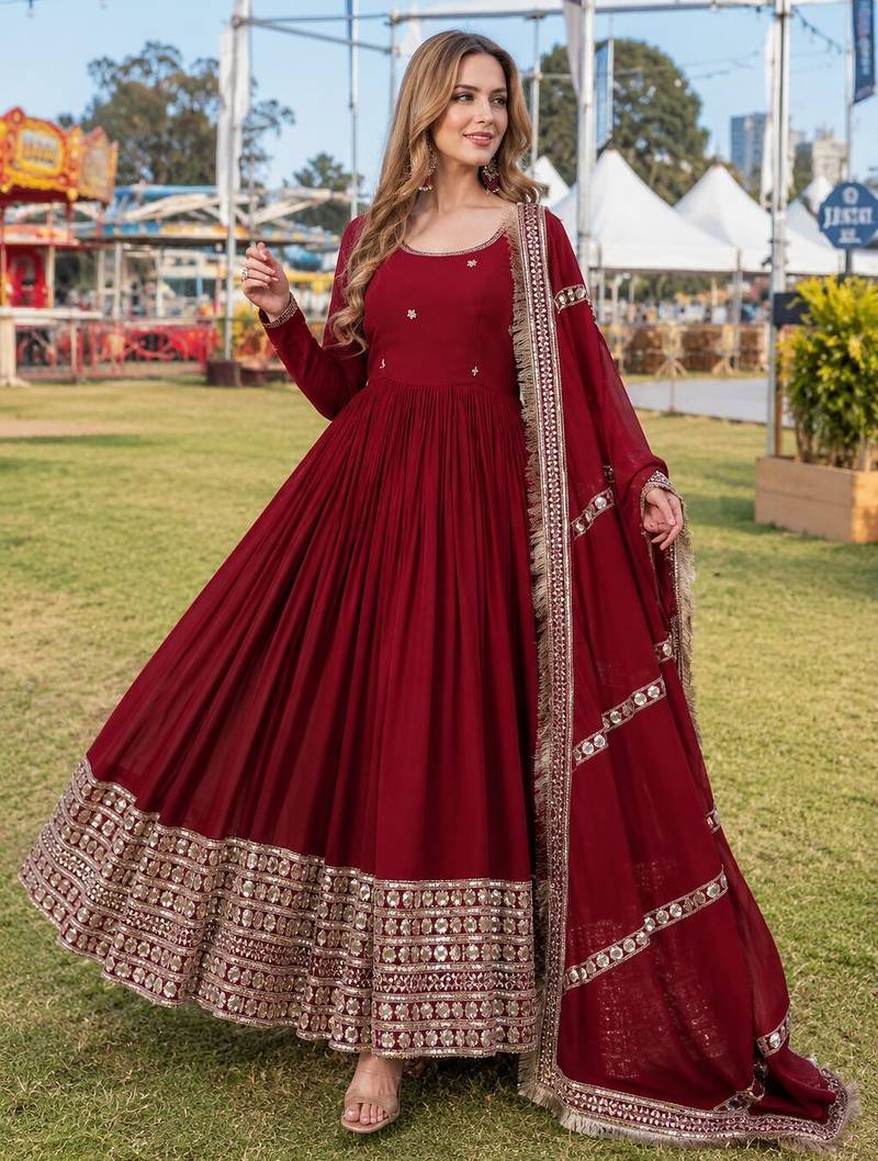 maroon georgette readymade anarkali suit with embroidery & sequence work