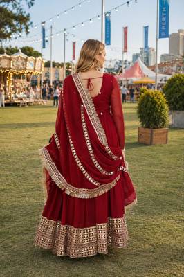 maroon georgette readymade anarkali suit with embroidery & sequence work 2