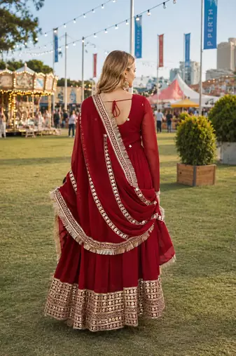 maroon georgette readymade anarkali suit with embroidery & sequence work