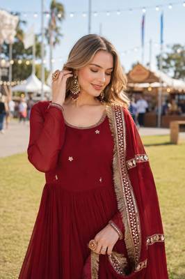 maroon georgette readymade anarkali suit with embroidery & sequence work 3