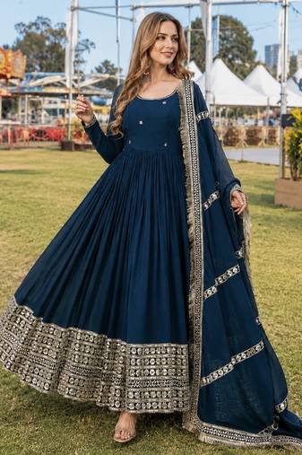 teal georgette readymade anarkali suit with embroidery & sequence work