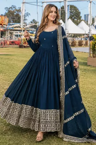 teal georgette readymade anarkali suit with embroidery & sequence work
