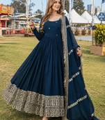 teal georgette readymade anarkali suit with embroidery & sequence work