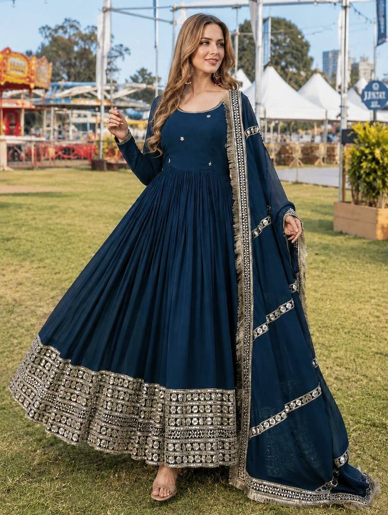 teal georgette readymade anarkali suit with embroidery & sequence work