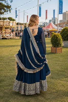 teal georgette readymade anarkali suit with embroidery & sequence work 2