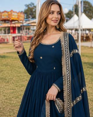 teal georgette readymade anarkali suit with embroidery & sequence work 3