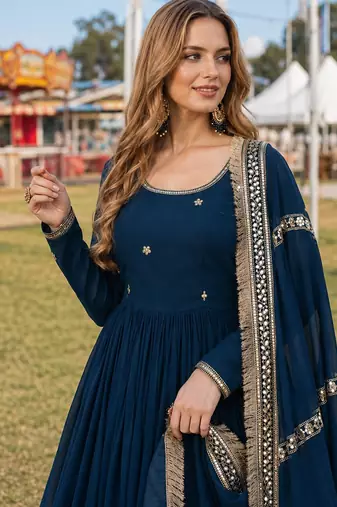 teal georgette readymade anarkali suit with embroidery & sequence work