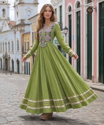 p green cotton free size stitched anarkali suit with thread embroidery work 1