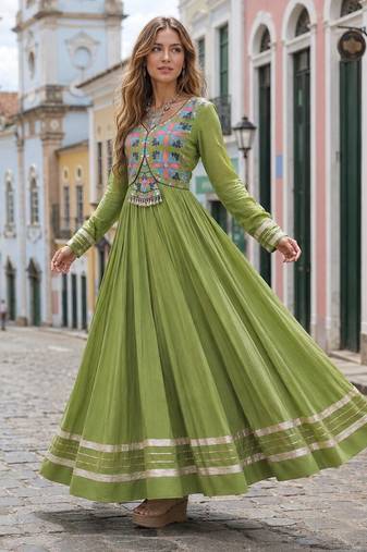 p green cotton free size stitched anarkali suit with thread embroidery work
