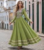 p green cotton free size stitched anarkali suit with thread embroidery work
