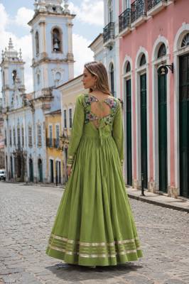 p green cotton free size stitched anarkali suit with thread embroidery work 2